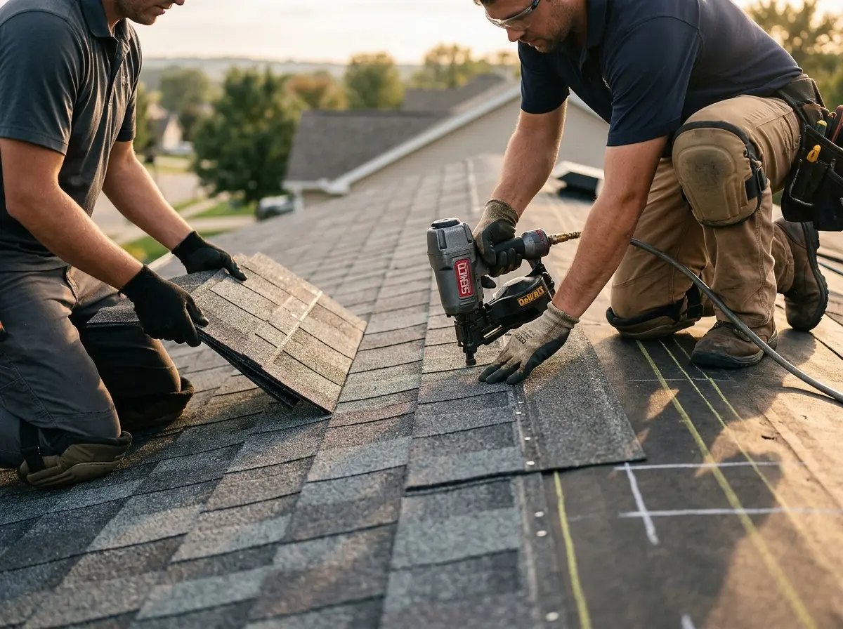 Professional roofer working on a residential roof in Micco